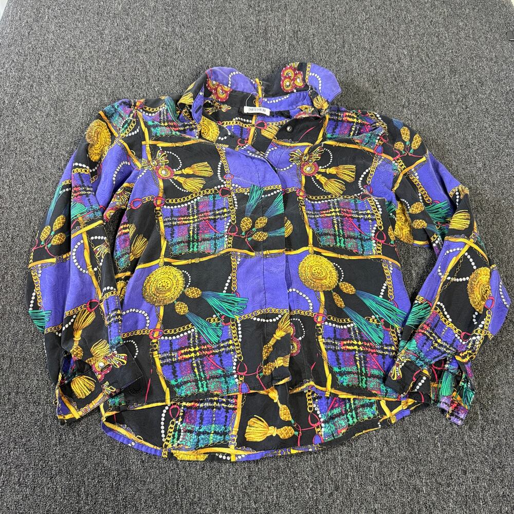 Vintage Y2k Purple Gold Jewelry Silk Longsleeve Button Down Women's 6 Small